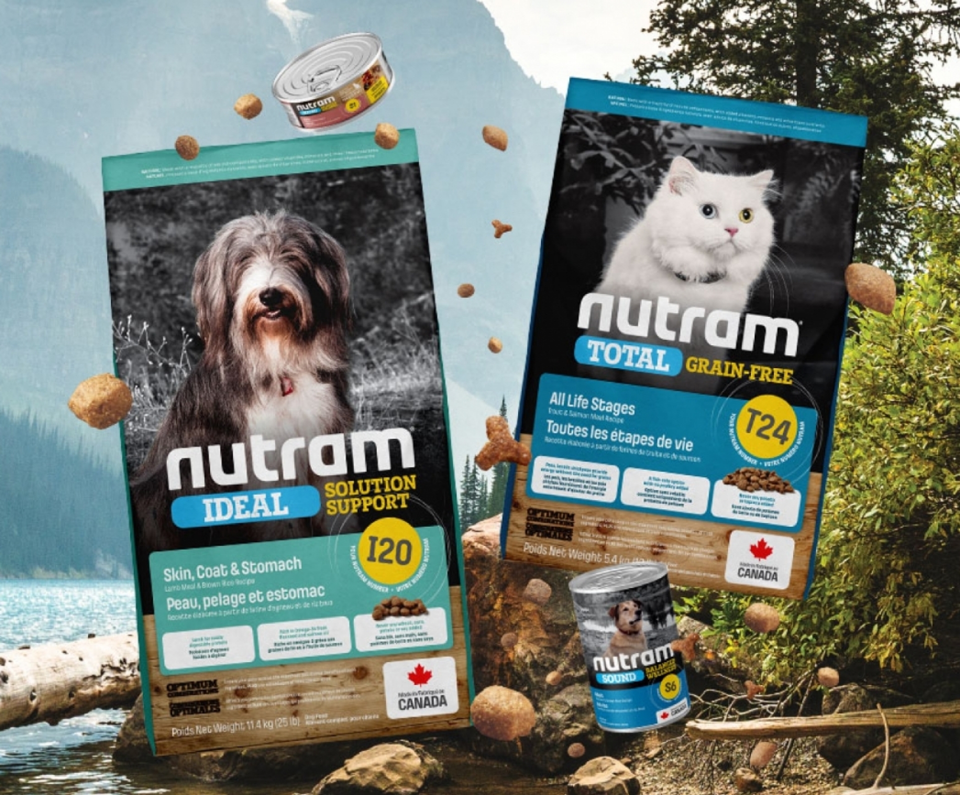 Nutram product packaging design on a nature background